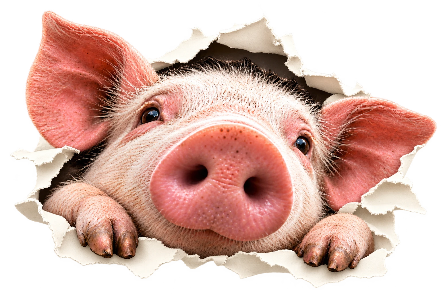 Ein neugieriges Schwein steckt Kopf und Vorderfüße durch einen Riss im cremefarbenen Papier.