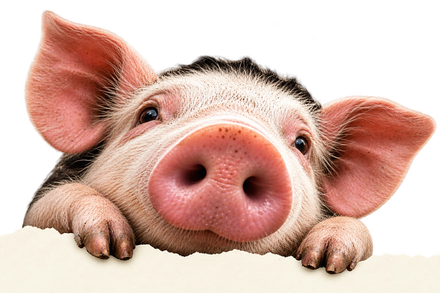 Ein neugieriges Schwein schaut mit seinen Vorderfüßen über eine Papierkante.